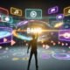 Nutzer:in interagiert in einer farbenfrohen, futuristischen Markenwelt mit 3D-Elementen, animierten Anzeigen und AR-Symbolen.