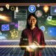 Junge Kreative vor großem 3D-Bildschirm mit schwebenden Codezeilen und bunten Storyboard-Elementen, umgeben von digitalen Geräten, AR-Objekten und Interaktionssymbolen in urbaner, energiegeladener Stimmung.