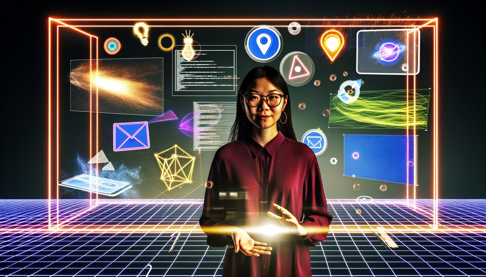 Junge Kreative vor großem 3D-Bildschirm mit schwebenden Codezeilen und bunten Storyboard-Elementen, umgeben von digitalen Geräten, AR-Objekten und Interaktionssymbolen in urbaner, energiegeladener Stimmung.