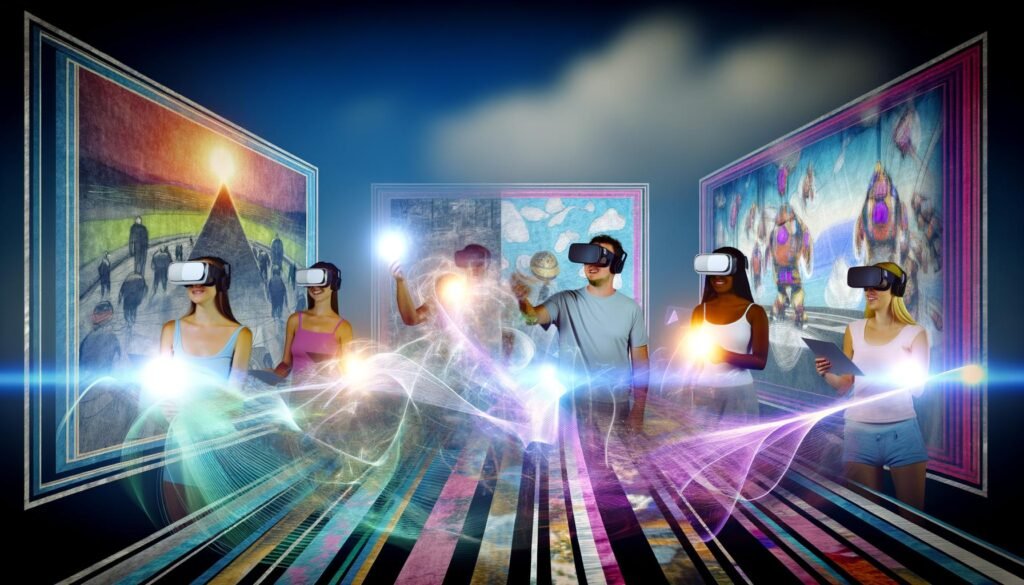 Diverse Menschen interagieren mit holografischen 3D-Werbeanzeigen in einer futuristischen Umgebung, während alte Bannerwerbung verblasst.