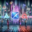 Menschen mit AR-Brillen und Smartphones interagieren in einer leuchtenden, futuristischen Markenlandschaft mit 3D-Logos, Hologrammen und transparenten Touchscreens vor einer neonfarbenen Stadtkulisse aus Datenströmen.