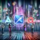 Menschen mit AR-Brillen und Smartphones interagieren in einer leuchtenden, futuristischen Markenlandschaft mit 3D-Logos, Hologrammen und transparenten Touchscreens vor einer neonfarbenen Stadtkulisse aus Datenströmen.