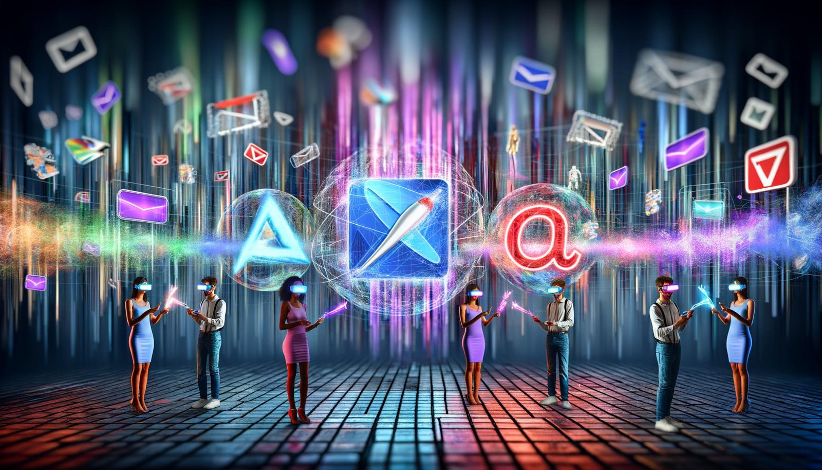 Menschen mit AR-Brillen und Smartphones interagieren in einer leuchtenden, futuristischen Markenlandschaft mit 3D-Logos, Hologrammen und transparenten Touchscreens vor einer neonfarbenen Stadtkulisse aus Datenströmen.