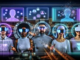 Vielfältige Gruppe nutzt Hologramm-Werbung, AR-Brillen, VR-Headsets und moderne Touchscreens in futuristischer Nachtstadt mit dynamischen, leuchtenden Farben.