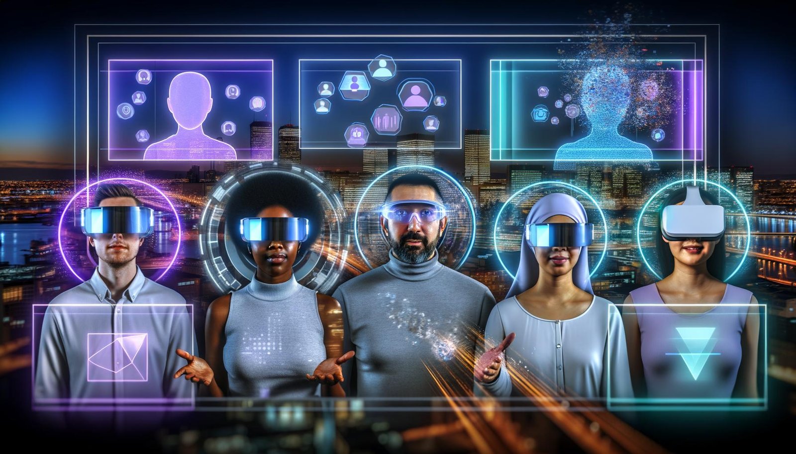 Vielfältige Gruppe nutzt Hologramm-Werbung, AR-Brillen, VR-Headsets und moderne Touchscreens in futuristischer Nachtstadt mit dynamischen, leuchtenden Farben.