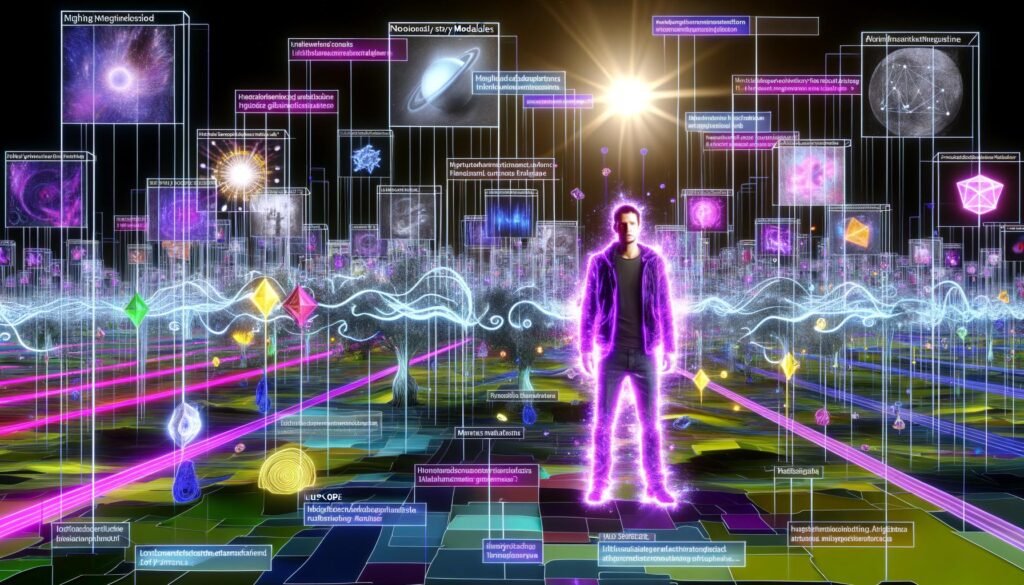 Moderner digitaler Nutzer steht inmitten lebendiger 3D-Story-Module, UI-Elemente und schwebender KI-Symbole; graue Werbefragmente wandeln sich zu interaktiven, farbenfrohen Geschichten.