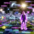 Moderner digitaler Nutzer steht inmitten lebendiger 3D-Story-Module, UI-Elemente und schwebender KI-Symbole; graue Werbefragmente wandeln sich zu interaktiven, farbenfrohen Geschichten.