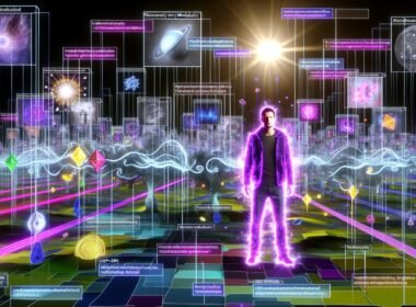 Moderner digitaler Nutzer steht inmitten lebendiger 3D-Story-Module, UI-Elemente und schwebender KI-Symbole; graue Werbefragmente wandeln sich zu interaktiven, farbenfrohen Geschichten.