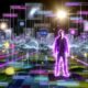 Moderner digitaler Nutzer steht inmitten lebendiger 3D-Story-Module, UI-Elemente und schwebender KI-Symbole; graue Werbefragmente wandeln sich zu interaktiven, farbenfrohen Geschichten.
