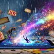 Dynamische Tech-Illustration mit Smartphone, das einen bunten 3D-Werbekosmos mit XR-Grafiken freisetzt, während alte Werbebanner daneben fossilisieren.