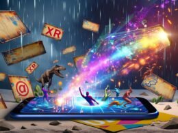 Dynamische Tech-Illustration mit Smartphone, das einen bunten 3D-Werbekosmos mit XR-Grafiken freisetzt, während alte Werbebanner daneben fossilisieren.
