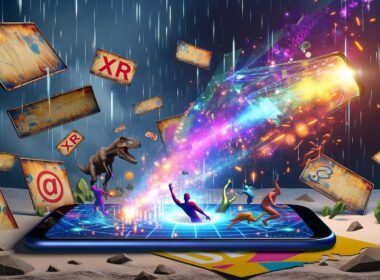 Dynamische Tech-Illustration mit Smartphone, das einen bunten 3D-Werbekosmos mit XR-Grafiken freisetzt, während alte Werbebanner daneben fossilisieren.