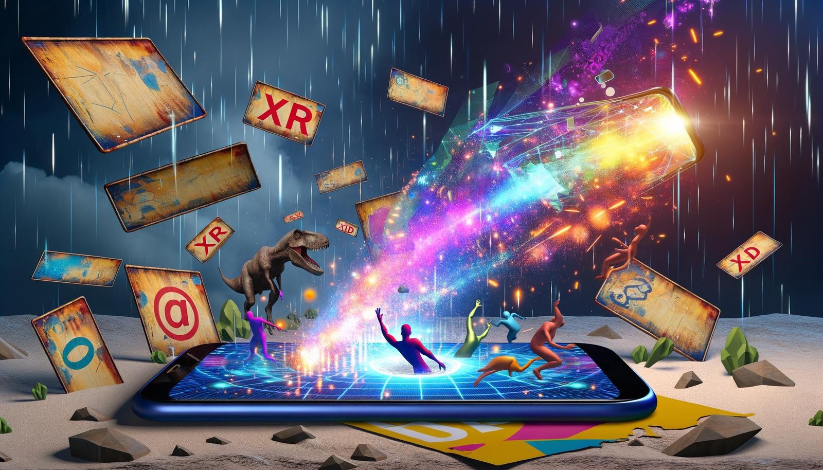 Dynamische Tech-Illustration mit Smartphone, das einen bunten 3D-Werbekosmos mit XR-Grafiken freisetzt, während alte Werbebanner daneben fossilisieren.