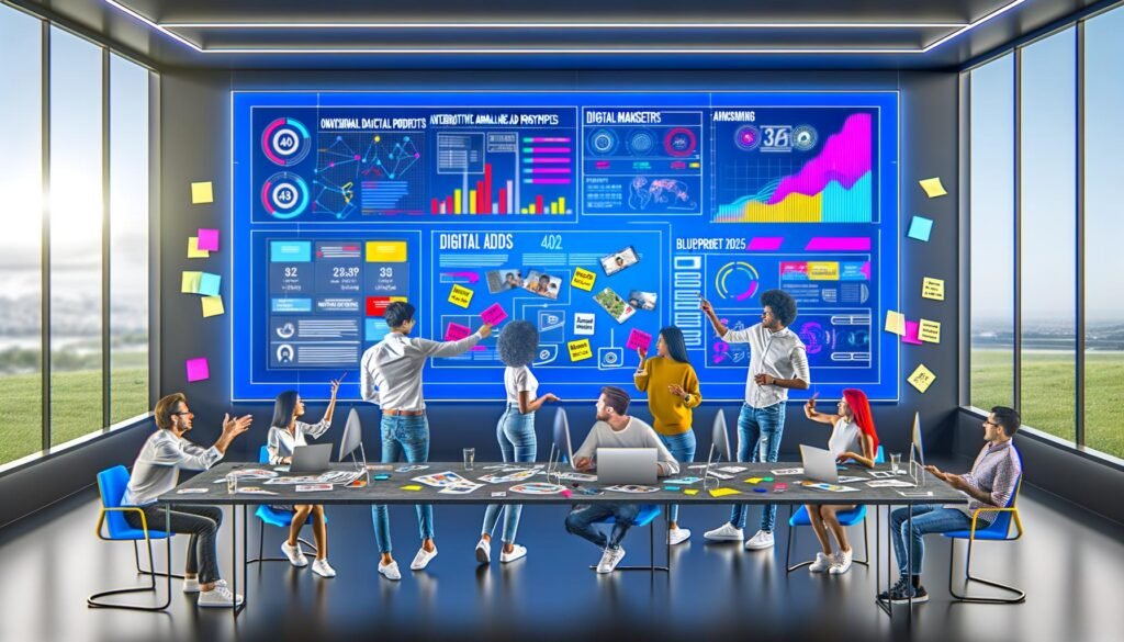 Digital Marketing-Team präsentiert interaktive Native Ads und Analysedaten an modernen Großbildschirmen in einem zeitgemäßen Büro