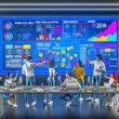 Digital Marketing-Team präsentiert interaktive Native Ads und Analysedaten an modernen Großbildschirmen in einem zeitgemäßen Büro
