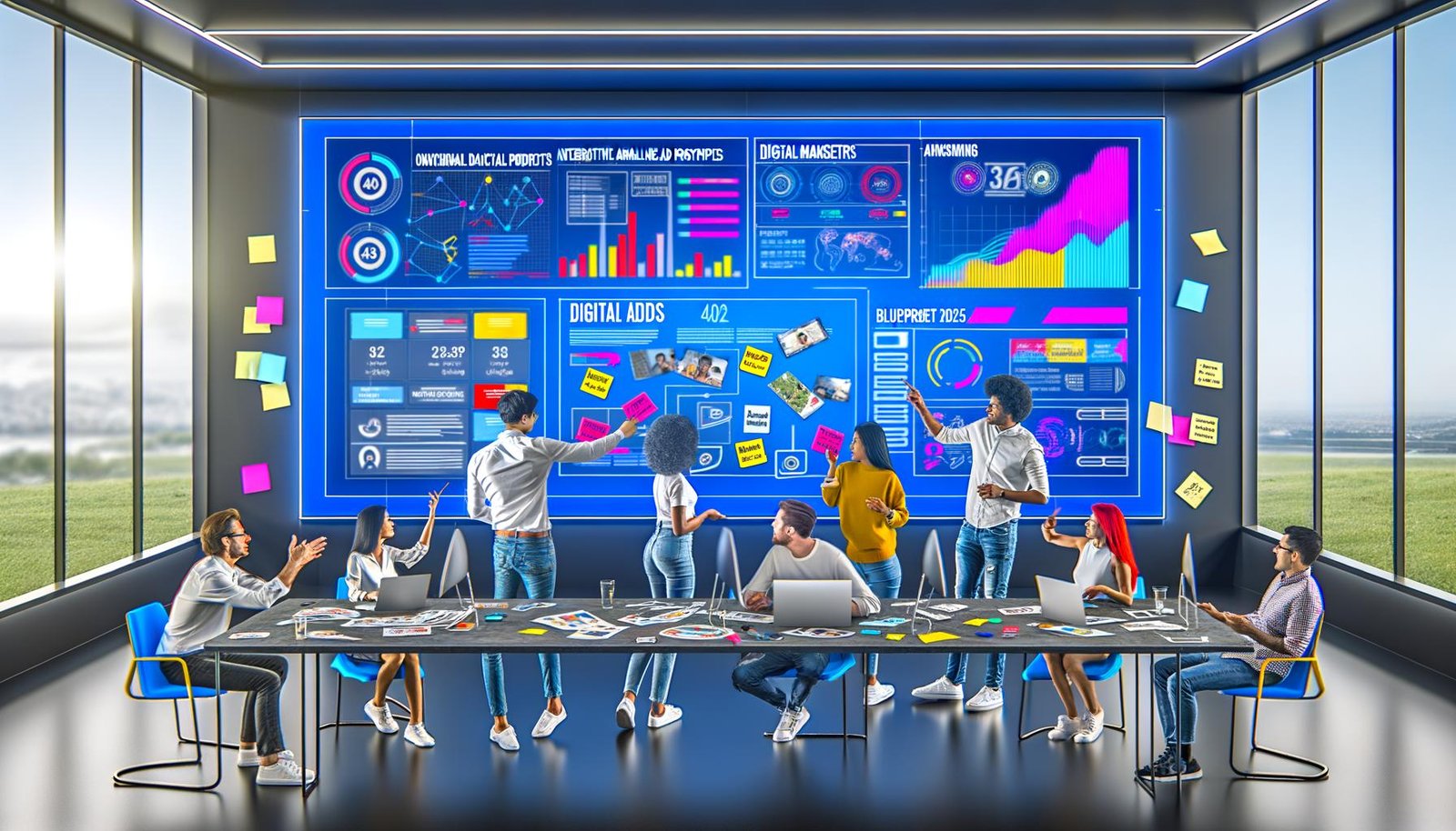 Digital Marketing-Team präsentiert interaktive Native Ads und Analysedaten an modernen Großbildschirmen in einem zeitgemäßen Büro