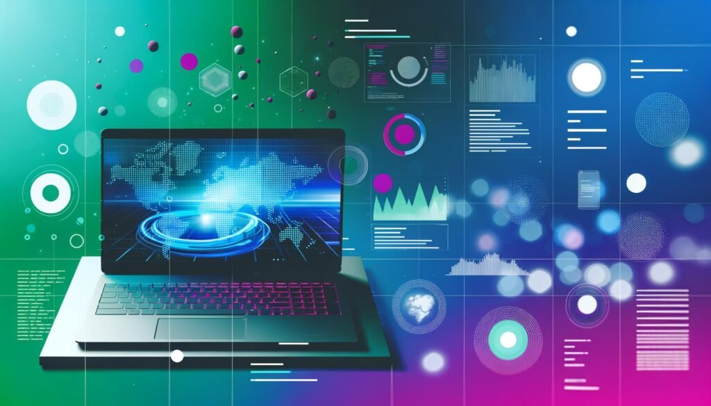 Futuristisches Editorial-Headerbild mit geöffnetem Laptop, schwebenden Digital-Marketing-UI-Elementen, Analyse-Charts, Heatmaps und modernem Dashboard-Design in leuchtender Farbpalette