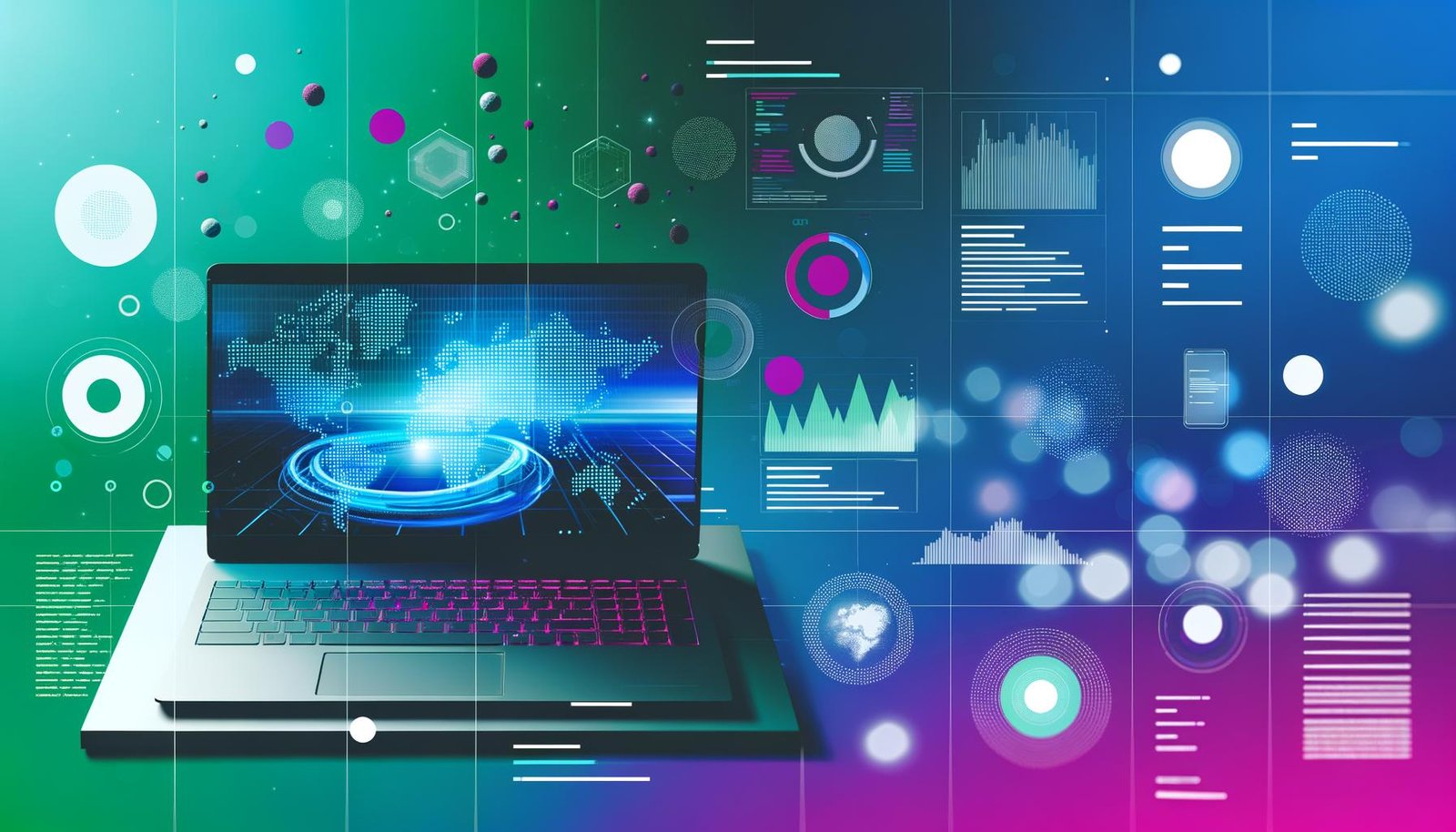 Futuristisches Editorial-Headerbild mit geöffnetem Laptop, schwebenden Digital-Marketing-UI-Elementen, Analyse-Charts, Heatmaps und modernem Dashboard-Design in leuchtender Farbpalette