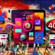 Szene mit mehreren Bildschirmen und Smartphones, auf denen verschiedene interaktive Native Ads zu sehen sind. Nutzer unterschiedlicher Altersgruppen tippen, swipen und wählen Buttons aus, während klassische Werbebanner im Hintergrund verblassen. Ein großes, dezentes rotes 404 ist ins Design integriert.