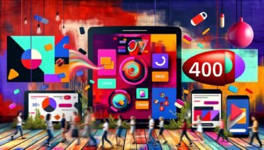 Szene mit mehreren Bildschirmen und Smartphones, auf denen verschiedene interaktive Native Ads zu sehen sind. Nutzer unterschiedlicher Altersgruppen tippen, swipen und wählen Buttons aus, während klassische Werbebanner im Hintergrund verblassen. Ein großes, dezentes rotes 404 ist ins Design integriert.