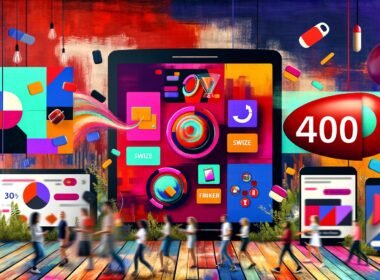 Szene mit mehreren Bildschirmen und Smartphones, auf denen verschiedene interaktive Native Ads zu sehen sind. Nutzer unterschiedlicher Altersgruppen tippen, swipen und wählen Buttons aus, während klassische Werbebanner im Hintergrund verblassen. Ein großes, dezentes rotes 404 ist ins Design integriert.