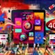 Szene mit mehreren Bildschirmen und Smartphones, auf denen verschiedene interaktive Native Ads zu sehen sind. Nutzer unterschiedlicher Altersgruppen tippen, swipen und wählen Buttons aus, während klassische Werbebanner im Hintergrund verblassen. Ein großes, dezentes rotes 404 ist ins Design integriert.