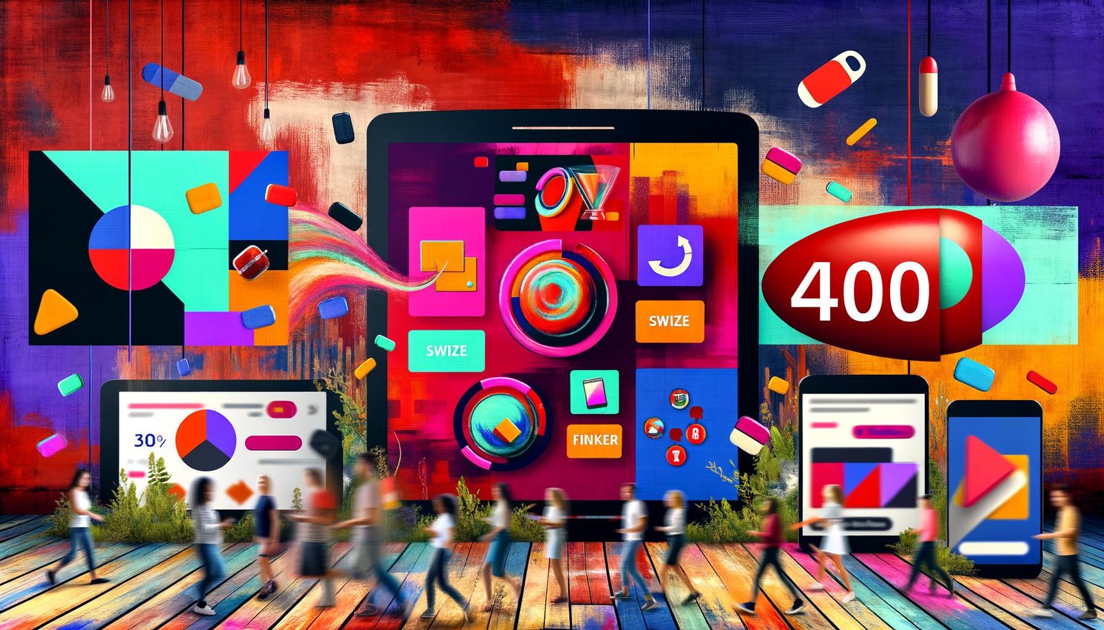 Szene mit mehreren Bildschirmen und Smartphones, auf denen verschiedene interaktive Native Ads zu sehen sind. Nutzer unterschiedlicher Altersgruppen tippen, swipen und wählen Buttons aus, während klassische Werbebanner im Hintergrund verblassen. Ein großes, dezentes rotes 404 ist ins Design integriert.