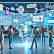 Ein diverses Team aus Kreativen und Tech-Experten arbeitet an einem schwebenden Interface mit interaktiven Anzeigen, KI-Hologrammen und Datenvisualisierung in einem futuristisch gestalteten Raum.
