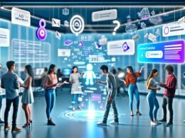 Ein diverses Team aus Kreativen und Tech-Experten arbeitet an einem schwebenden Interface mit interaktiven Anzeigen, KI-Hologrammen und Datenvisualisierung in einem futuristisch gestalteten Raum.