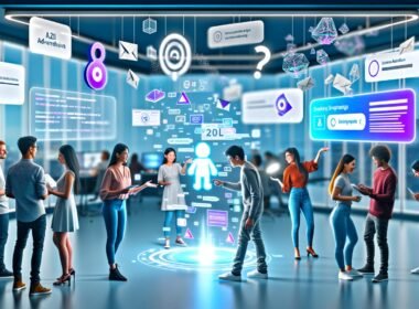 Ein diverses Team aus Kreativen und Tech-Experten arbeitet an einem schwebenden Interface mit interaktiven Anzeigen, KI-Hologrammen und Datenvisualisierung in einem futuristisch gestalteten Raum.