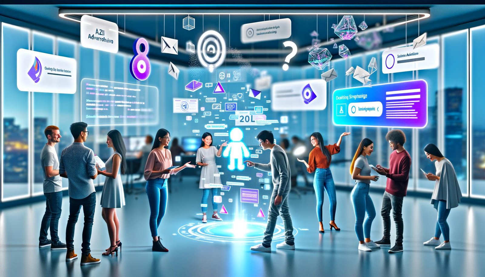 Ein diverses Team aus Kreativen und Tech-Experten arbeitet an einem schwebenden Interface mit interaktiven Anzeigen, KI-Hologrammen und Datenvisualisierung in einem futuristisch gestalteten Raum.