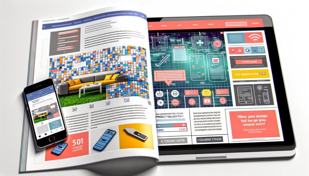 Moderne Magazin-Doppelseite mit interaktiven Native Ads wie Quiz, Galerie, Vote-Button, Produkt-Konfigurator und Mini-Game auf Laptop und Smartphone, im urbanen, techy Stil gestaltet.