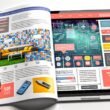 Moderne Magazin-Doppelseite mit interaktiven Native Ads wie Quiz, Galerie, Vote-Button, Produkt-Konfigurator und Mini-Game auf Laptop und Smartphone, im urbanen, techy Stil gestaltet.