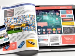 Moderne Magazin-Doppelseite mit interaktiven Native Ads wie Quiz, Galerie, Vote-Button, Produkt-Konfigurator und Mini-Game auf Laptop und Smartphone, im urbanen, techy Stil gestaltet.
