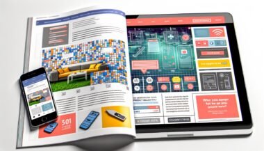 Moderne Magazin-Doppelseite mit interaktiven Native Ads wie Quiz, Galerie, Vote-Button, Produkt-Konfigurator und Mini-Game auf Laptop und Smartphone, im urbanen, techy Stil gestaltet.