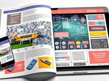 Moderne Magazin-Doppelseite mit interaktiven Native Ads wie Quiz, Galerie, Vote-Button, Produkt-Konfigurator und Mini-Game auf Laptop und Smartphone, im urbanen, techy Stil gestaltet.