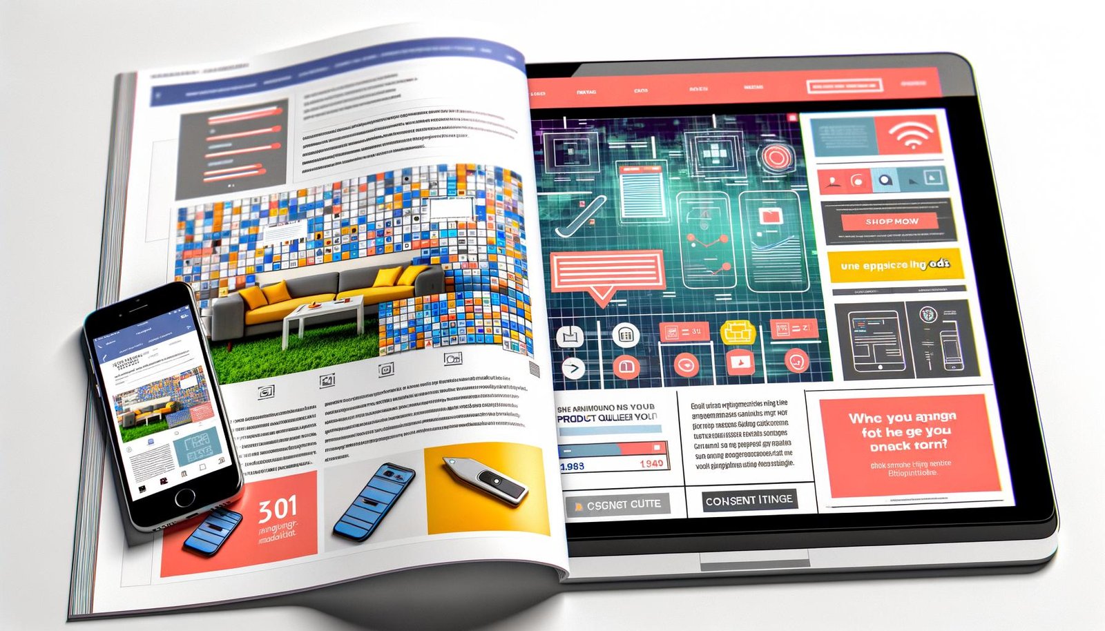 Moderne Magazin-Doppelseite mit interaktiven Native Ads wie Quiz, Galerie, Vote-Button, Produkt-Konfigurator und Mini-Game auf Laptop und Smartphone, im urbanen, techy Stil gestaltet.