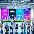 Junge, kreative Marketer*innen brainstormen vor großen Bildschirmen mit bunten, animierten Native Ads in einem modernen, minimalistisch eingerichteten Büro.