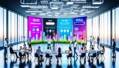 Junge, kreative Marketer*innen brainstormen vor großen Bildschirmen mit bunten, animierten Native Ads in einem modernen, minimalistisch eingerichteten Büro.