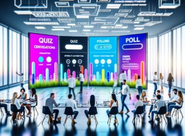 Junge, kreative Marketer*innen brainstormen vor großen Bildschirmen mit bunten, animierten Native Ads in einem modernen, minimalistisch eingerichteten Büro.