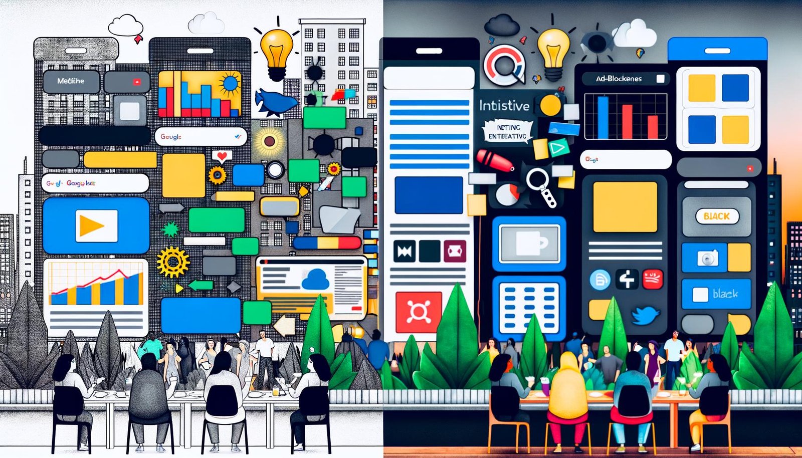 Collage zeigt Gegenüberstellung: Links traditionelle, überladene Werbebanner und Adblocker-Symbole mit desinteressierten Nutzern, rechts integrierte Native Ads als interaktiver Produktvergleich, Quiz und Rechner mit engagierten, begeisterten Usern.