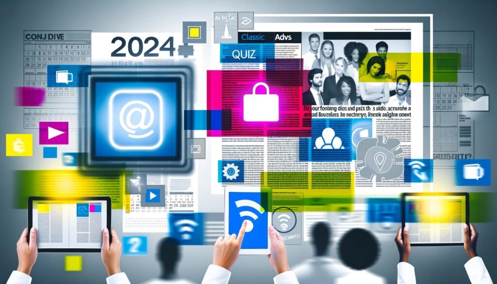Digitale Magazinseite auf Tablet mit interaktiven Elementen, farbenfrohen nativen Content-Blöcken und diversen Nutzern, 2024-Kalender und Ad-Blocker-Symbol.