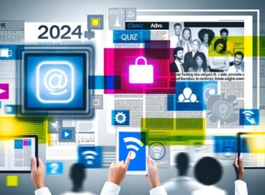 Digitale Magazinseite auf Tablet mit interaktiven Elementen, farbenfrohen nativen Content-Blöcken und diversen Nutzern, 2024-Kalender und Ad-Blocker-Symbol.