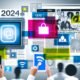 Digitale Magazinseite auf Tablet mit interaktiven Elementen, farbenfrohen nativen Content-Blöcken und diversen Nutzern, 2024-Kalender und Ad-Blocker-Symbol.