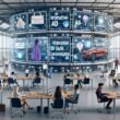 Redakteure und Marketer nutzen in einem futuristisch gestalteten digitalen Newsroom transparente Bildschirme mit interaktiven Native Ads wie Mode-Konfigurator, Auto-Customizer und Quiz im Artikelumfeld.