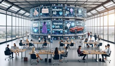 Redakteure und Marketer nutzen in einem futuristisch gestalteten digitalen Newsroom transparente Bildschirme mit interaktiven Native Ads wie Mode-Konfigurator, Auto-Customizer und Quiz im Artikelumfeld.