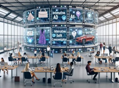 Redakteure und Marketer nutzen in einem futuristisch gestalteten digitalen Newsroom transparente Bildschirme mit interaktiven Native Ads wie Mode-Konfigurator, Auto-Customizer und Quiz im Artikelumfeld.