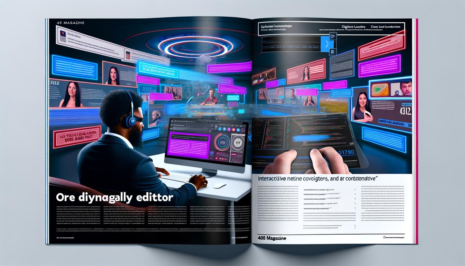 Online-Redakteur mit Headset vor Monitoren voller interaktiver Native Ads, mit klassischen Bannern ausgegraut im Hintergrund und leuchtenden, integrierten Werbeformaten im Vordergrund