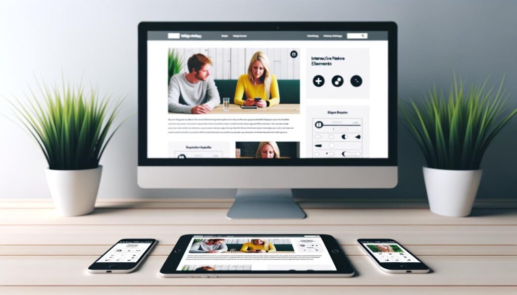 Screenshot einer modernen, hellen Website mit nahtlos integrierten, interaktiven Native Ads wie Quiz und Slidern im Newsfeed-Design auf Smartphone und Laptop