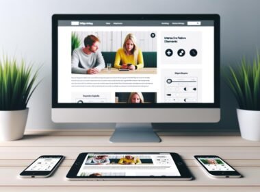 Screenshot einer modernen, hellen Website mit nahtlos integrierten, interaktiven Native Ads wie Quiz und Slidern im Newsfeed-Design auf Smartphone und Laptop